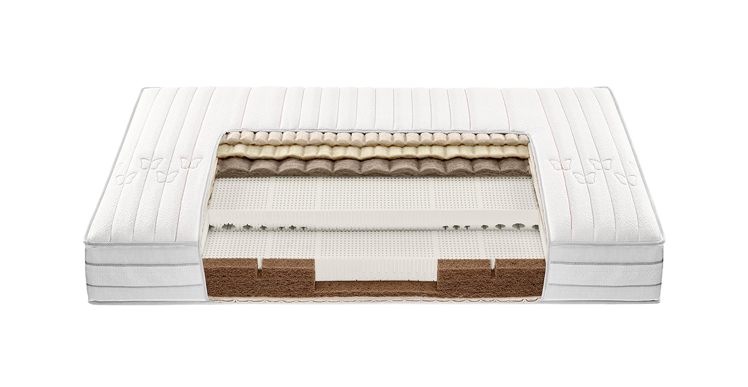 Matelas Roviva Dream-Away Air Natura en latex Talalay 100% naturel et fibres de coco, offrant un soutien optimal de la colonne vertébrale et un maintien parfait jusqu'aux bords.