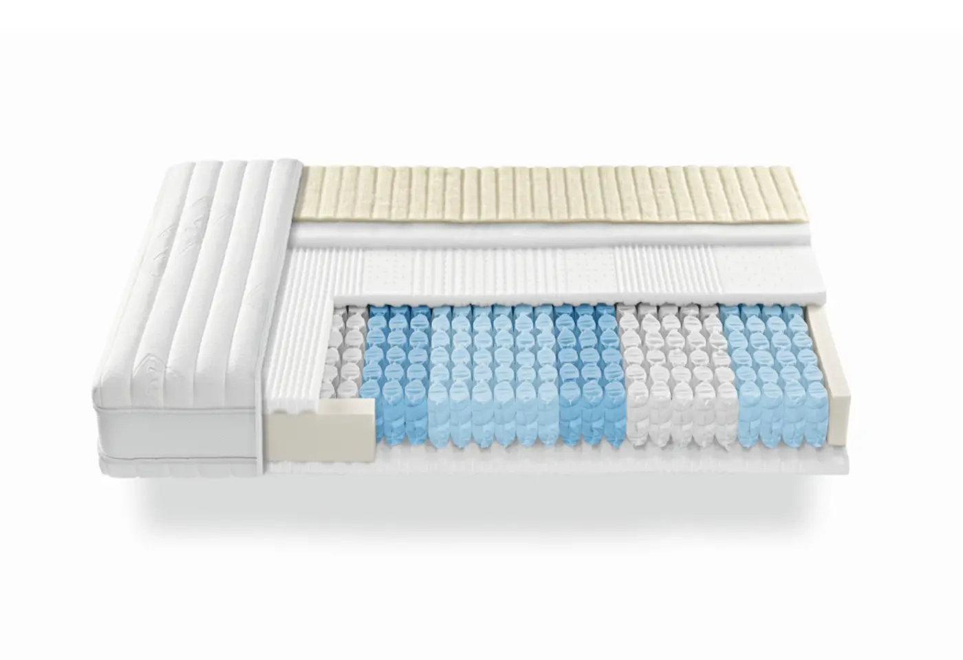 Matelas Roviva rovinight avec noyau à 7 zones, ressorts ensachés individuellement pour un soutien ciblé, ventilation optimale grâce à plus de 1500 canaux Airvent par m2, et confort renforcé aux épaules, bassin et dos.